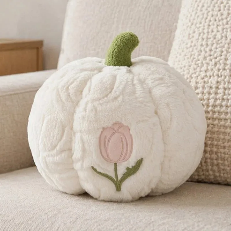 Cute Pumpkin Throw Pillow With Tulip Embroidery Soft Plush Pumpkin Shaped Cushion Pillow For Sofa Living Room Hallowmas Gifts — image 10