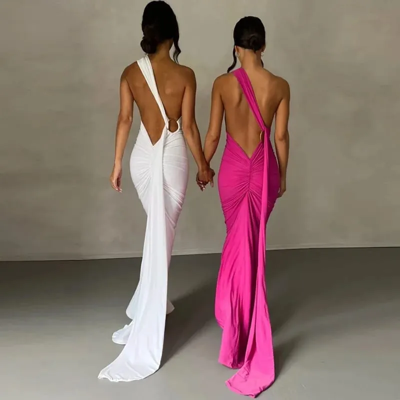 Robe longue sans manches pour femme, asymétrique épaule dénudée, écharpe réglable, boucle froncée, dos nu, moulante, tenue de fête, de Festival, robe longue élégante