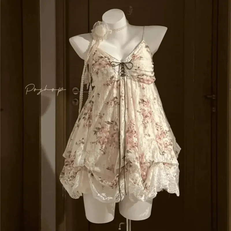Nowe letnie zestawy damskie w stylu vintage eleganckie wzburzyć koronkowy szyfonowy projekt Mini spódnica garnitur wróżka kobiece słodkie koreańskie modne stroje 2025 — image 10