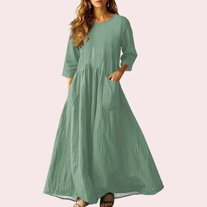 Gaun Panjang Longgar Musim Panas Wanita Warna Pejal Lengan Tiga Suku Gaun Poket Berganda Gaun Linen Leher Bulat Longgar Vestidos — image 12