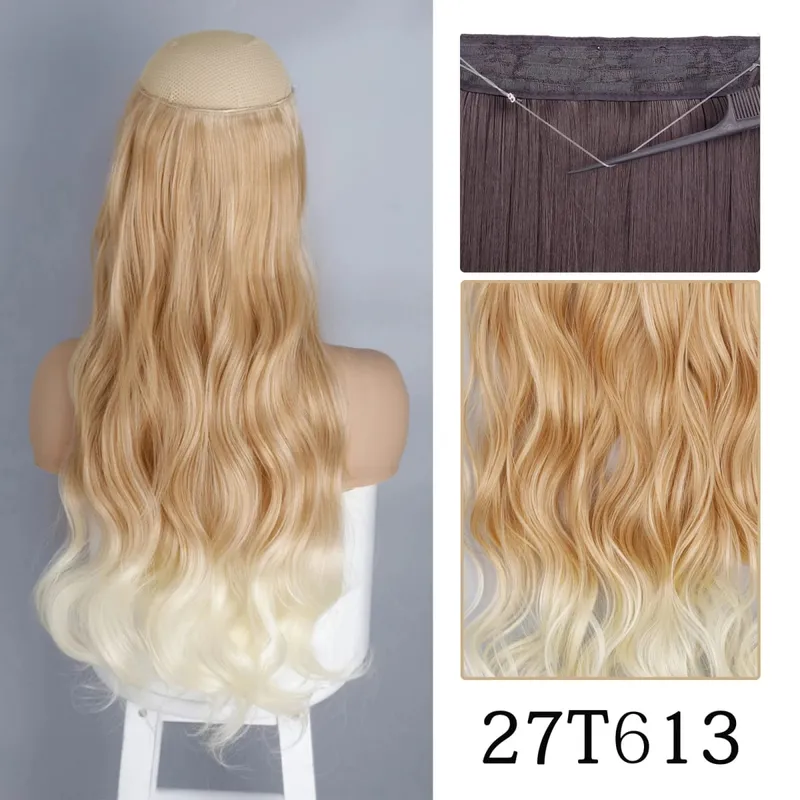 Estensioni dei capelli sintetiche senza clip regolabili con linea di pesce, parrucchino naturale biondo marrone ondulato lungo resistente al calore per le donne — image 32