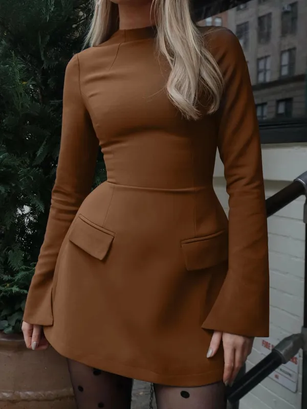 Dulzura Long Sleeves Zipper Bodycon Mini Dress With Pocket Solid Elegant Outfit Office Streetwear Women’S Autumn Winter Clothes — image 10