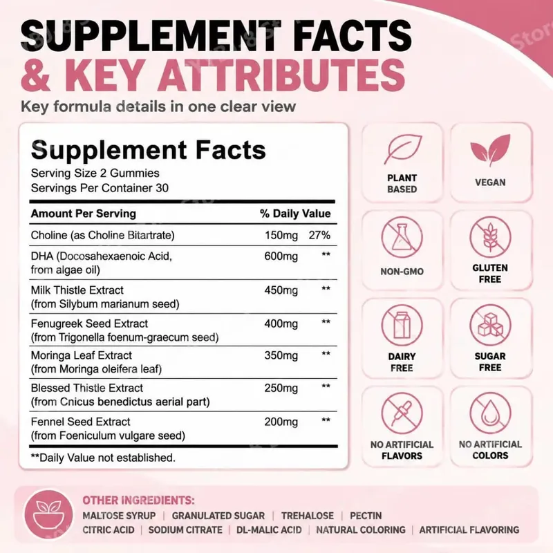 Googeer Lactation Support Gummies พร้อม DHA และ Choline Fenugreek และ Fennel Extract Moringa สำหรับโภชนาการหลังคลอด 60 Gummies — image 3