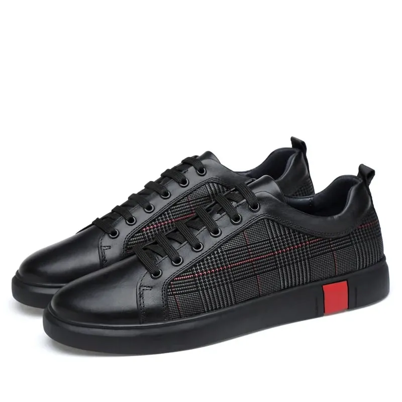 Neue Ankunft Männer Schwarz Leder Plaid Panel Turnschuhe Luxus Stil Lace Up Casual Schuhe Nicht Slip Plattform Walking Schuhe — image 4