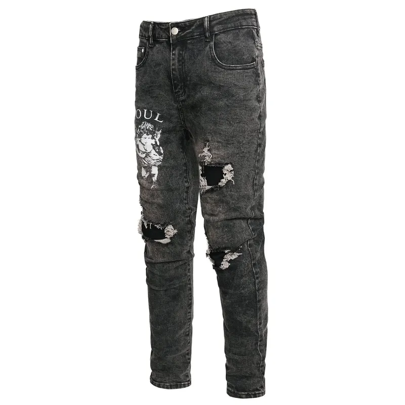 Men Angle Printed Denim Jeans Streetwear Patch Holes Ripped Pants Black Stretch Cotton Slim Straight Trousers — image 3