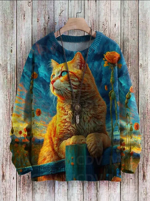 Sweter Pulover Rajut Kasual Gambar Cetak Pola Seni Burung Bunga Kucing Hitam Lucu Sweter Klasik Pulover Pria untuk Wanita — image 3