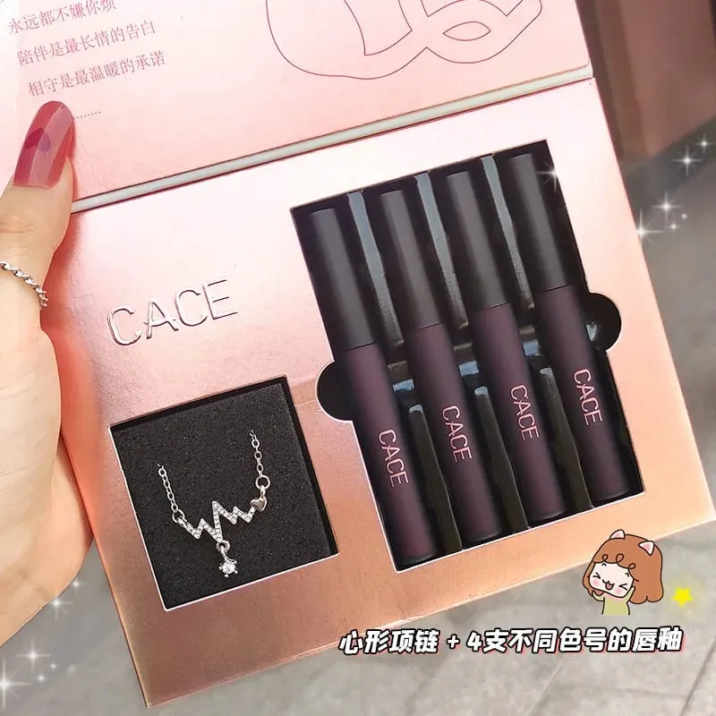 4 Pcs Liquid Lipstick Makeup Sets Matte Red Tint Lipgloss Long Lasting Waterproof Lip Stain Cosmetics With Necklace Gift