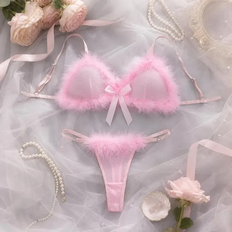 Pakaian dalam wanita berbulu Set Lingerie dekorasi pita nirkabel celana dalam Bra transparan jaring intim romantis setelan ulang tahun — image 6
