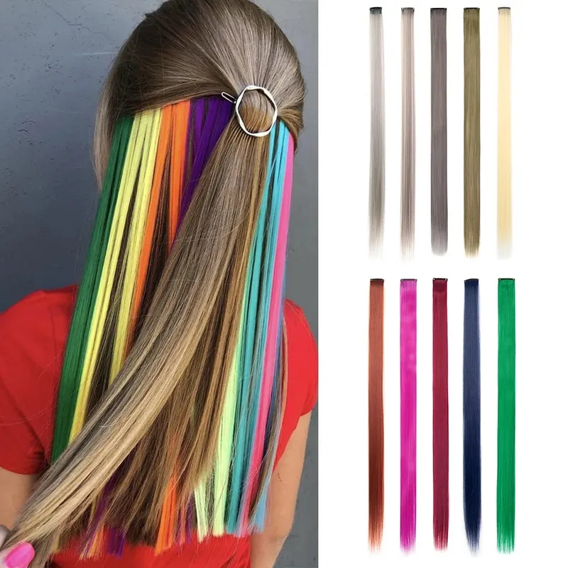 10 PCS Colored Clip in Hair Extensions 22 Inch Rainbow Straight Synthetic Hairpieces For women Cosplay Party Christmas New Year — image 2