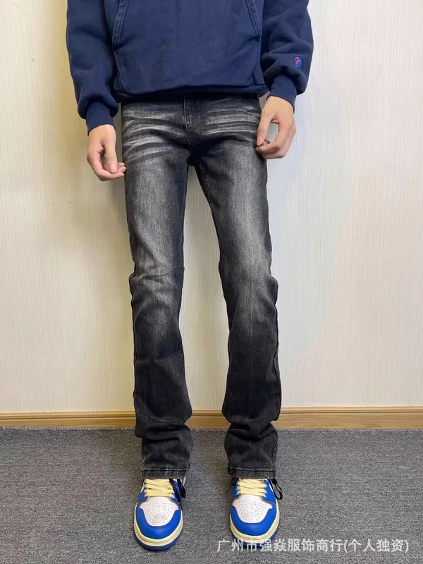 Jeans Denim Potongan But Lelaki Kelabu Hitam Seluar Kapas Berkualiti Tinggi Seluar Berkobar Regangan Slim Klasik