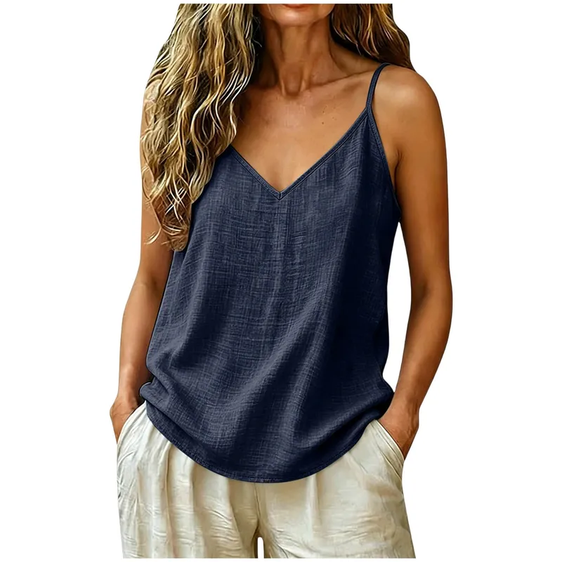 Tank Top Tali Spaghetti Linen Katun Wanita Atasan Pantai Musim Panas Kamisol Tanpa Lengan Kasual Ringan Longgar Warna Polos Leher V — image 6