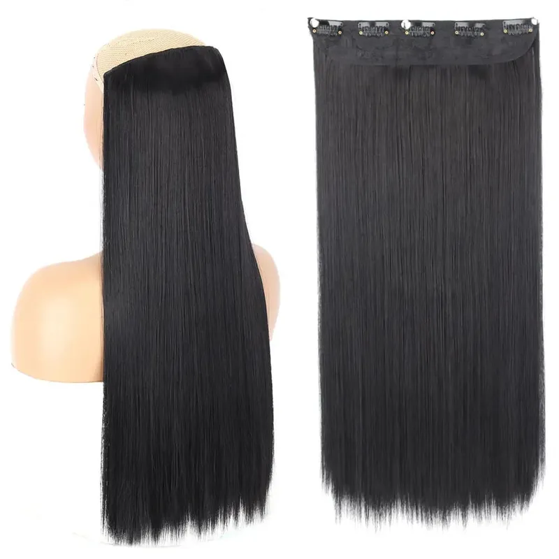 Clip per estensioni sintetiche per capelli lunghi lisci, 5 clip, in fibra ad alta temperatura, parrucchino marrone nero