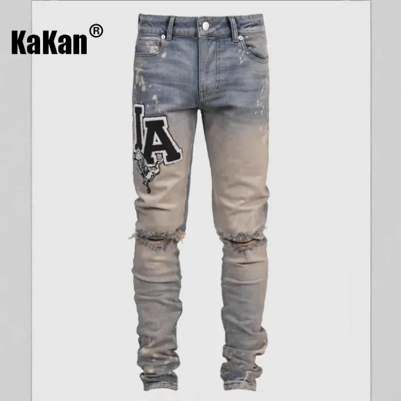 Kakan - New Men's Blue Slim Fit Patch Jeans Y2k Printed Design Long Jeans Jeans Man Brand — image 3
