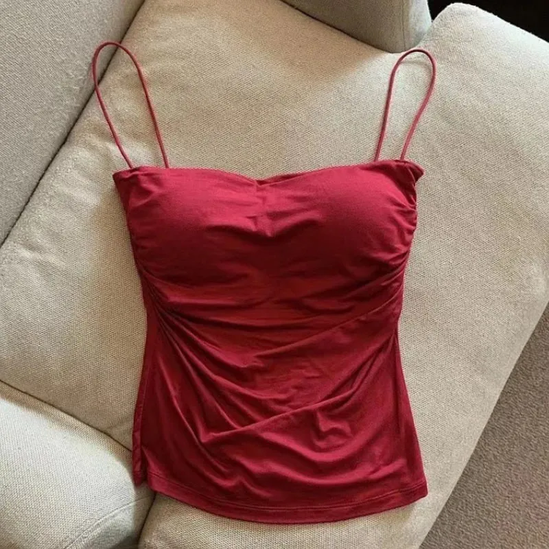 Sexy Solid Pleated Tank Camisole Women's Summer Spaghetti Strap Sleeveless Tops — image 8