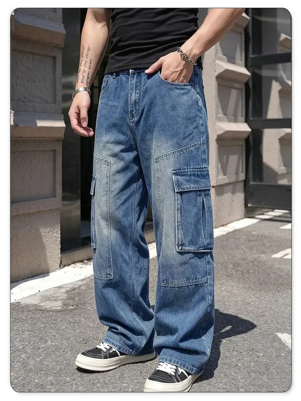 Męskie jeansy cargo w stylu retro z wieloma kieszeniami, odpowiednie na każdą porę roku. Luźne, proste nogawki. Codzienne, codzienne spodnie dżinsowe — image 5
