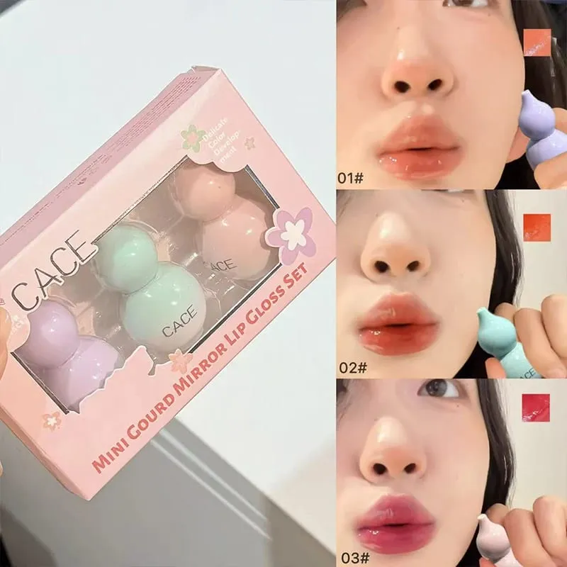 미니 조롱박 워터리 미러 립글레이즈 세트 3가지 색상 지속 모이스춰라이징 워터 글라스 립글로스 틴트 하이드레이팅 립 얼룩 키트