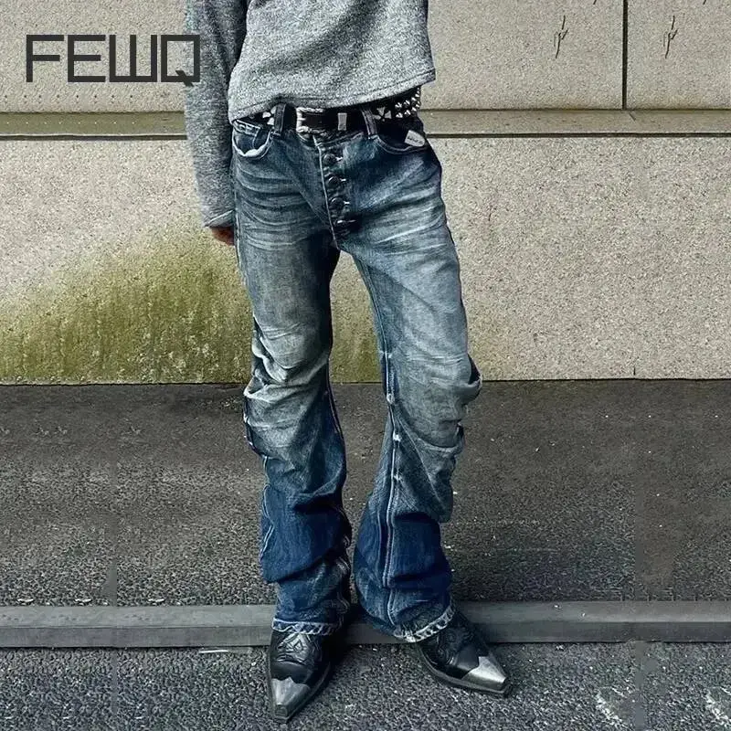 Amerikanische männer Denim Hosen Waschen Taste Design Plissee Lose Jeans Kontrast Farbe Casual Männlichen Unten Vintage 4K5156 — image 2