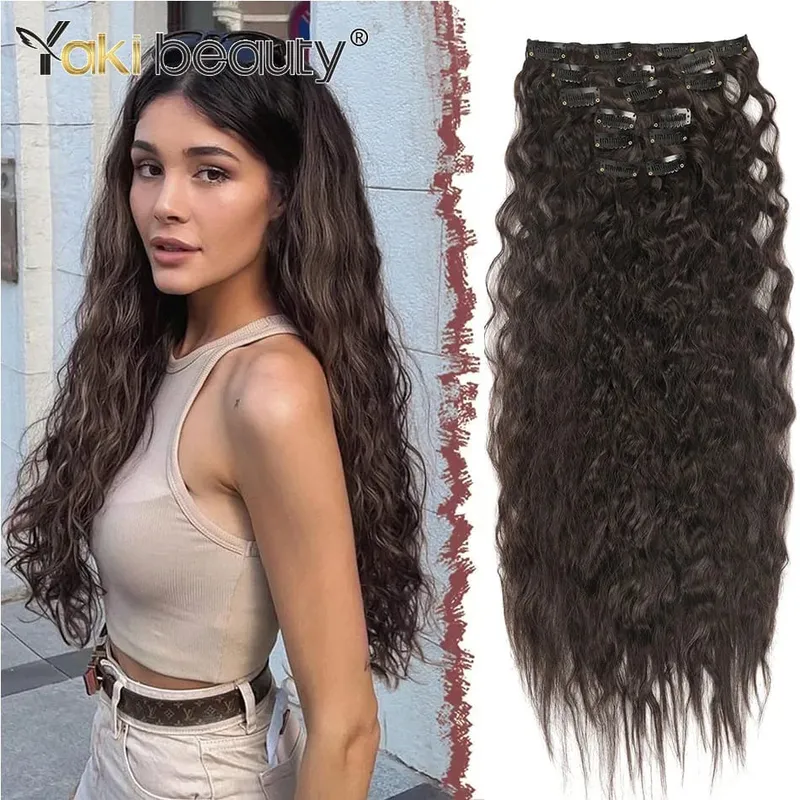 Synthetische verworrene lockige Clip-in-Haarverlängerungen, superlange Wasserwellen-Clip-in-Haare, 160 Gramm, 4 Stück, Ganzkopf-Haarteile — image 11