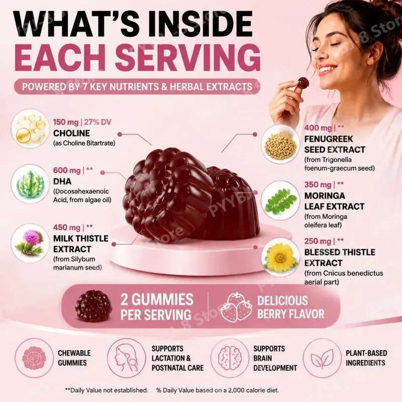 Googeer Lactation Support Gummies พร้อม DHA และ Choline Fenugreek และ Fennel Extract Moringa สำหรับโภชนาการหลังคลอด 60 Gummies — image 5