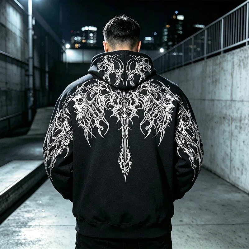 Men Alt Gothic Pullover Hoodie Y2k High Street American Style Dark Thorn Print Fleece Lined Loose Biker Fall Winter Sweatshirt