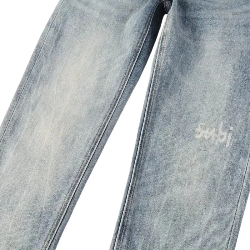 Jean en denim vieilli délavé bleu High Street pour hommes avec braguette boutonnée à motif de lettre brodée, adapté à un usage toutes saisons — image 4