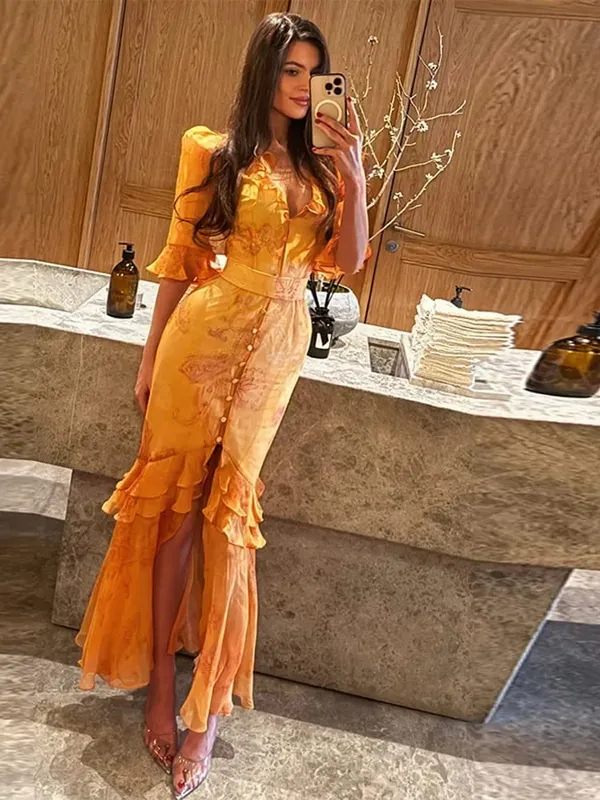 Stampa floreale Volant Scollo a V Vita stretta Abiti lunghi Orlo diviso Monopetto Maxi vestito 2026 Party Beach Vacation Abiti — image 3