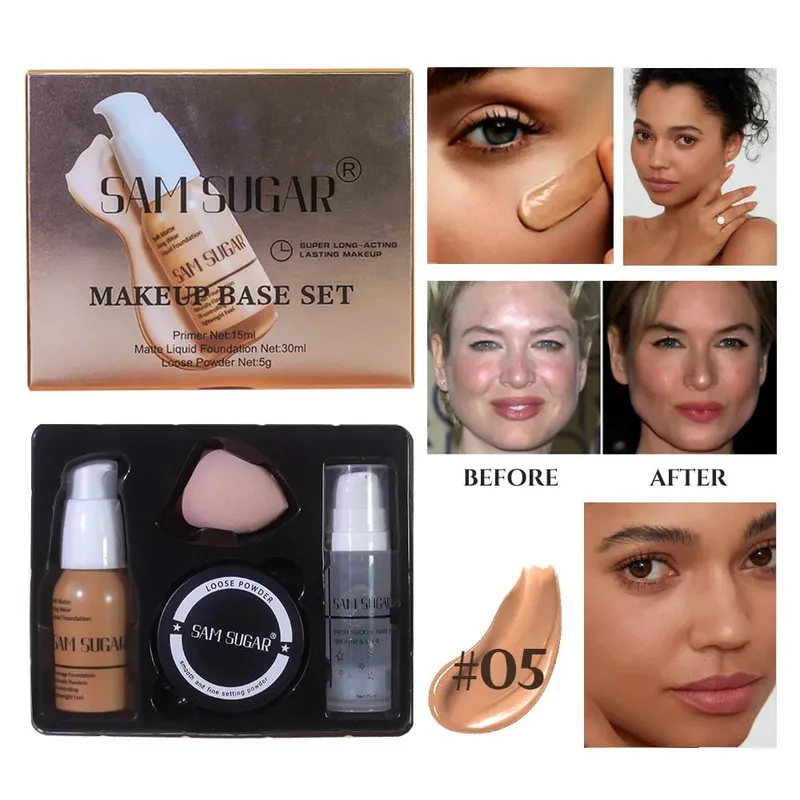 Makeup Base Sæt med 15ml Primer 30ml Matte Foundation 5g Løs Powder Puff For Glat Fejlfri Hud Longwear — image 11