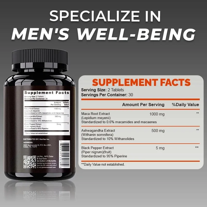 유기농 마카 뿌리 분말 캡슐 1500mg, 마카 뿌리 추출물 Ashwagandha 검은 후추 보충제 함유 남성용 — image 2