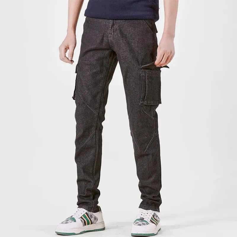 Pantalones Cargo de Mezclilla con Cintura elástica Estilo Callejero para Hombre, Vaqueros Informales de Corte Entallado y Lavado de Color sólido con múltiples Bolsillos para Uso Diario