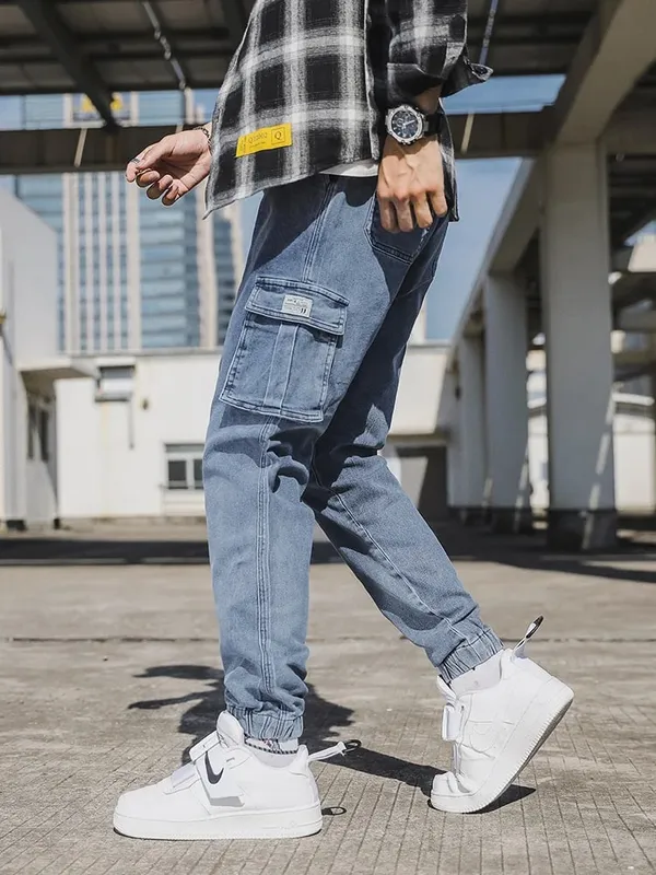 Celana Jeans Jogger Pria Celana Kargo Denim Multi Saku Agak Melar Bahan Katun Dicuci Ukuran Asia L-6XL — image 2