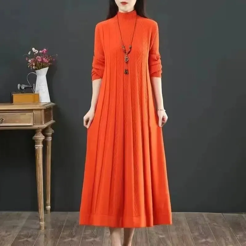 Herbst/Winter Frauen Gestrickte Kleid 2025 Neue Feste Lose Pullover Halb Hohe Kragen Lange Gestrickte Pullover Kleid Weibliche Hohe-qualität — image 4