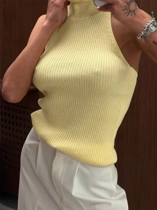 Débardeur sans manches en tricot de couleur unie pour femmes, col haut, dos nu, légèrement ajusté, gilet court, mode quotidienne minimale, tenue décontractée — image 10