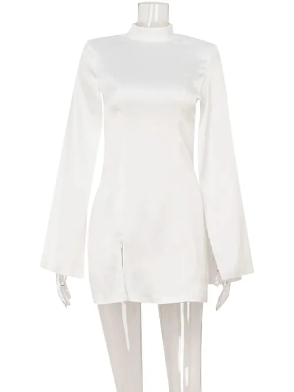 Ahagaga Eelgant Mini abiti per le donne Solido maniche lunghe svasate Dolcevita Guaina in raso Moda Split Party Slim Fit Abito femminile — image 6