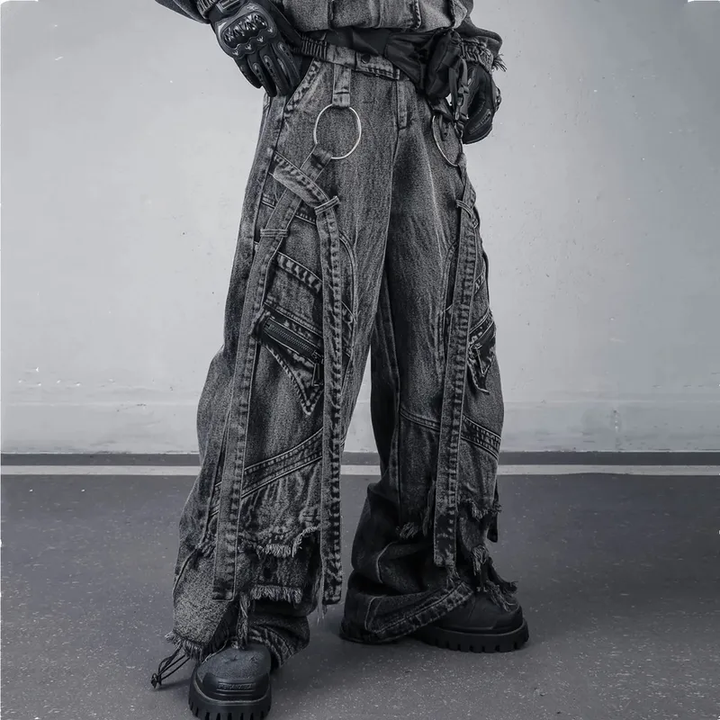Deconstructed สายรัดล้าง Vintage Cargo กางเกงยีนส์ Man Woman Techwear Wasteland สไตล์ขากว้างยุทธวิธี Baggy กางเกง Street Wear — image 6