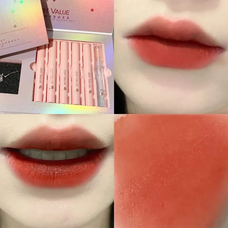 ART VALUE Lips Makeup-sæt inkluderer 5 matte flydende læbestift og 1 læbepomadeolie nærende glitter lipgloss med halskædegave — image 2