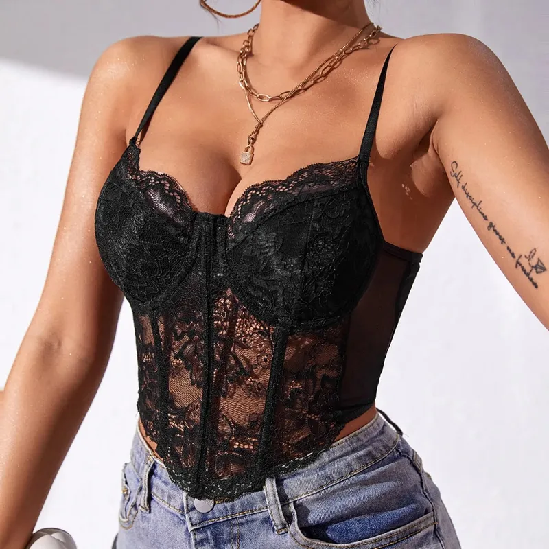 Sexy Lace V-neck Underwire Fishbone Floral Embroidery Backless Crop Tops Sheer Hottie Corset Hollowing Halter Shapewear Camisole — image 8