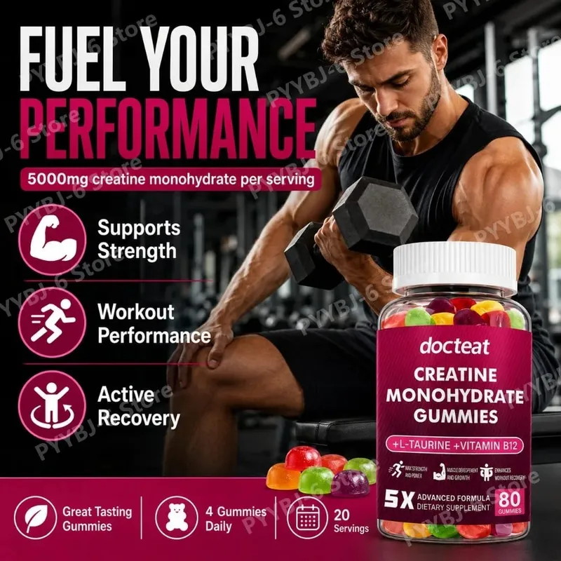 Creatine Monohydrate Gummies 80 นับพร้อมทอรีนวิตามินบี 12 อาหารเสริมโภชนาการการกีฬาแบบเคี้ยวสำหรับกล้ามเนื้อและพลังงาน — image 4