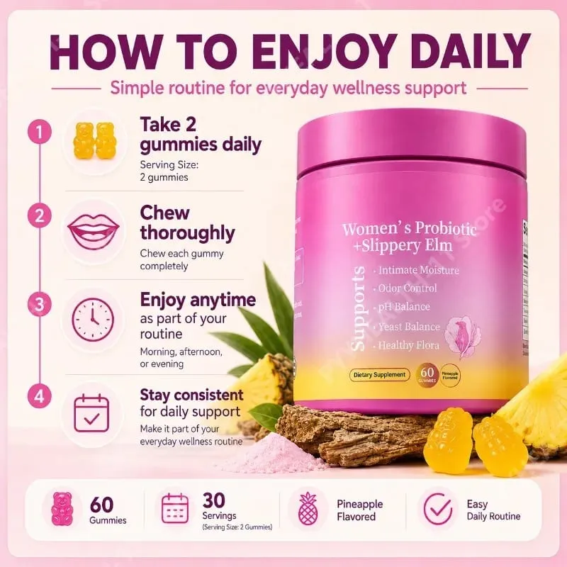 Gummies Probiotik Kesejahteraan Wanita dengan Keseimbangan PH Elm Licin dan Sokongan Flora untuk Wanita Perisa Nanas 60 Kiraan — image 5