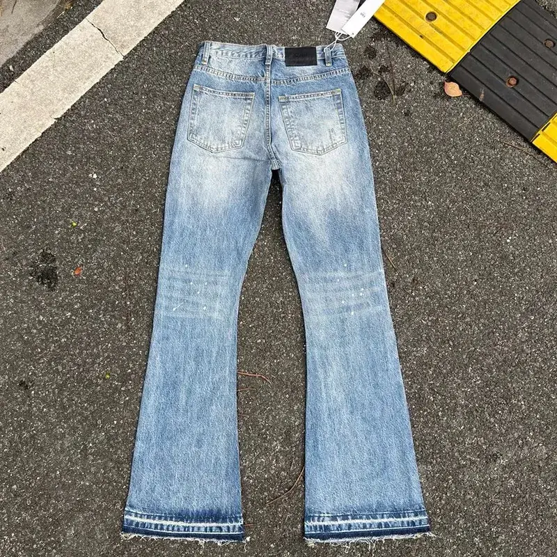 Pantalon en Denim Micro Flare délavé à l'eau lourde rétro bleu éclaboussures d'encre pantalon en jean Baggy droit pour hommes et femmes coupe de botte — image 5