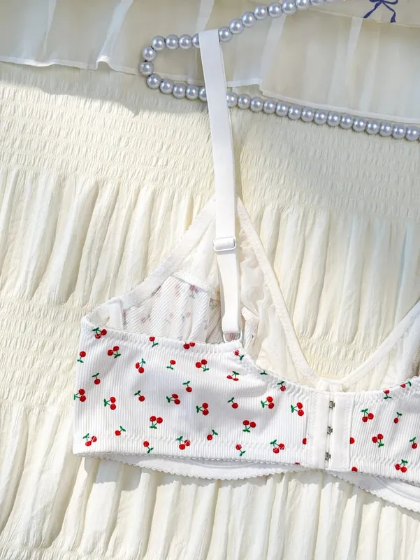 Ensemble soutien-gorge et culotte en dentelle à motif cerise pour femmes, grande taille, bretelles réglables, doux, non rembourré, respirant, ensemble de Lingerie — image 4