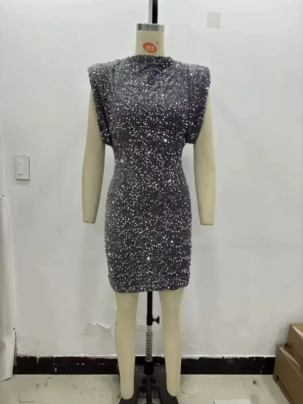 2026 frühling Frauen Pailletten Party Kleider Schulter Pad Mantel Mini Kleid Ärmellose Valentinstag Frauen Elegante Kleider — image 5