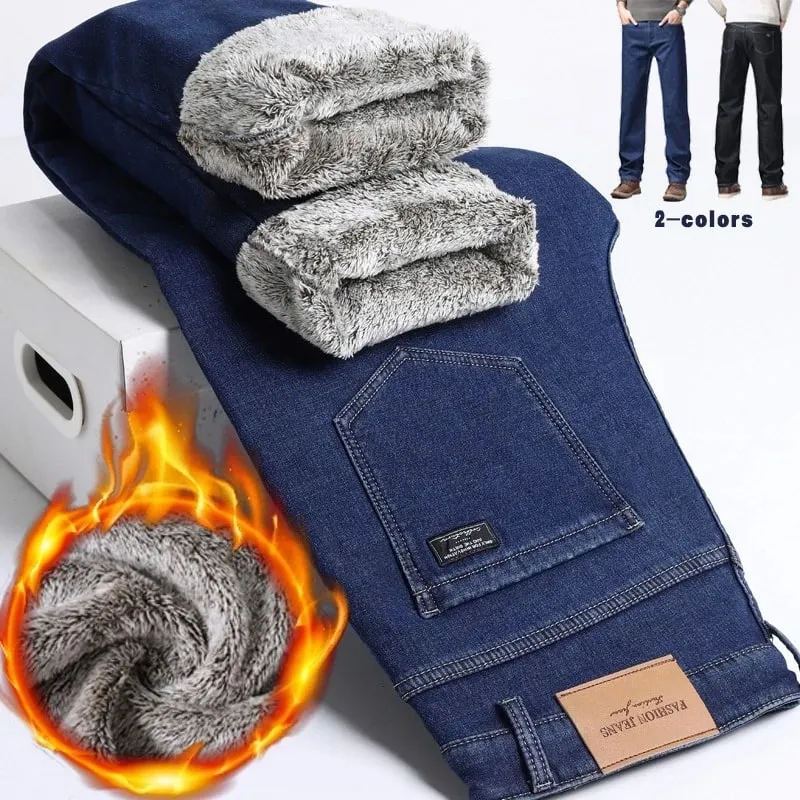 Jeans addensati foderati in pile da uomo Pantaloni in denim slim fit elasticizzati caldi invernali Pantaloni morbidi e comodi per l'abbigliamento da lavoro quotidiano — image 1