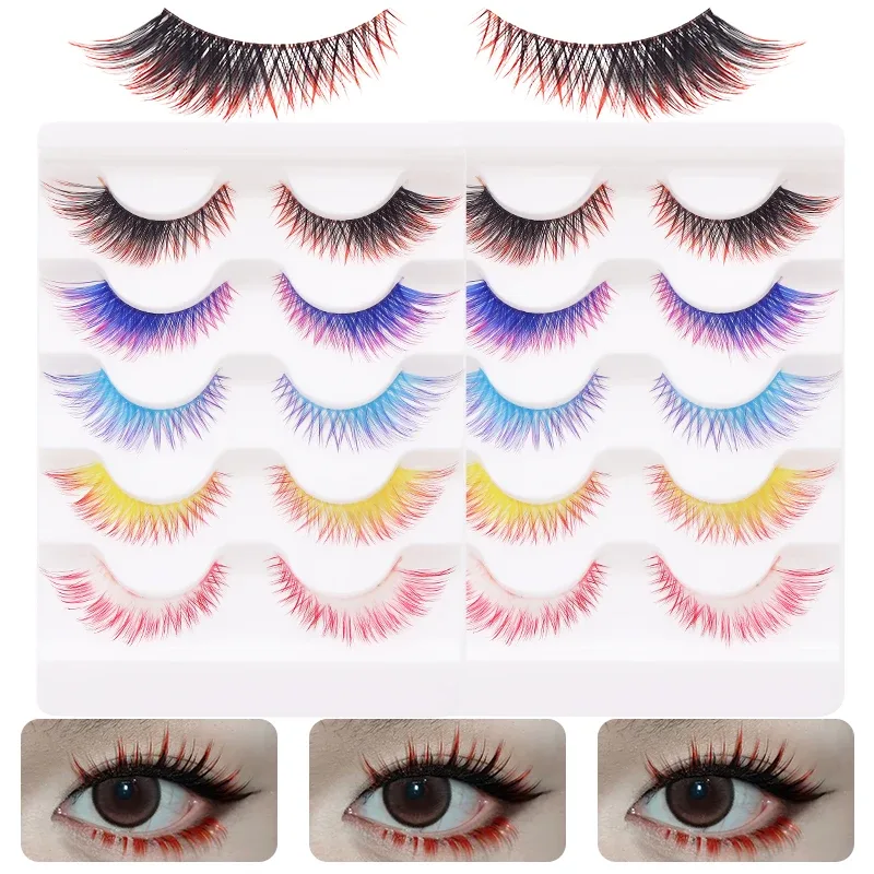 5 คู่ผสมสี Ombre Gradient ขนตาปลอม 3D สีสัน Strip Lashes Handmade Fluffy สีขนตาสำหรับคอสเพลย์แต่งหน้า — image 5