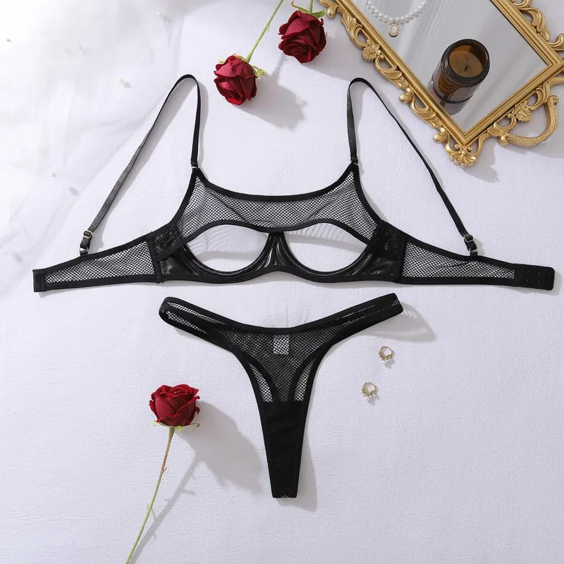 Mode Hohl Mesh Spleißen PU Leder Sammeln Sexy Strap Unterwäsche Set