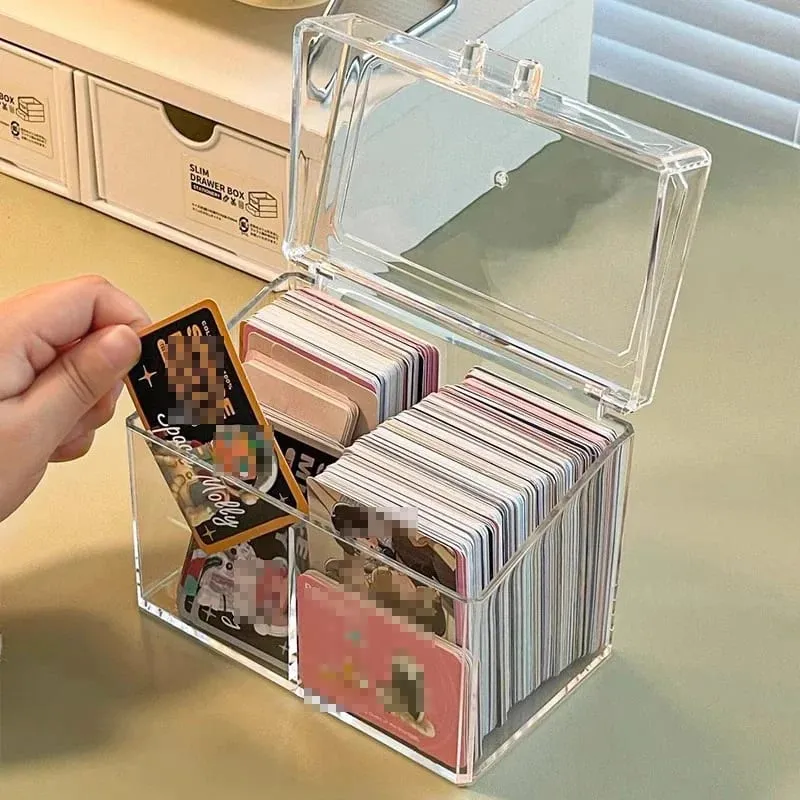 Clear Acrylic Card Organizer - Holds 400 Cards Dual Compartment Display Box for Postcards & Game Cards