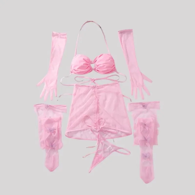 Lingerie ultra sexy, reggiseno con coulisse, bretelle attraenti, romantici guanti con calza ritagliata a farfalla — image 1