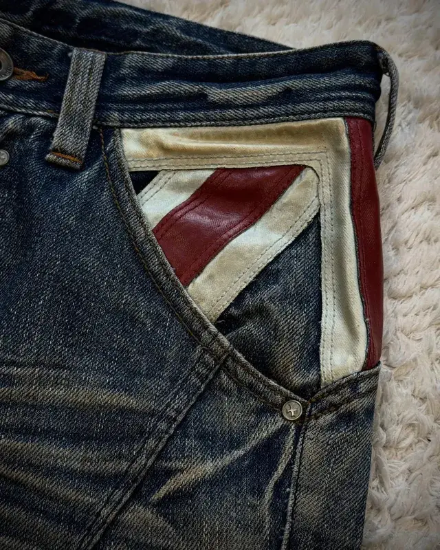 Vintage French Flag Pocket Patchwork Men's Jeans Y2K Low Waisted Straight Leg Blue Washed Denim Pants Women Casual Street Jeans — image 5