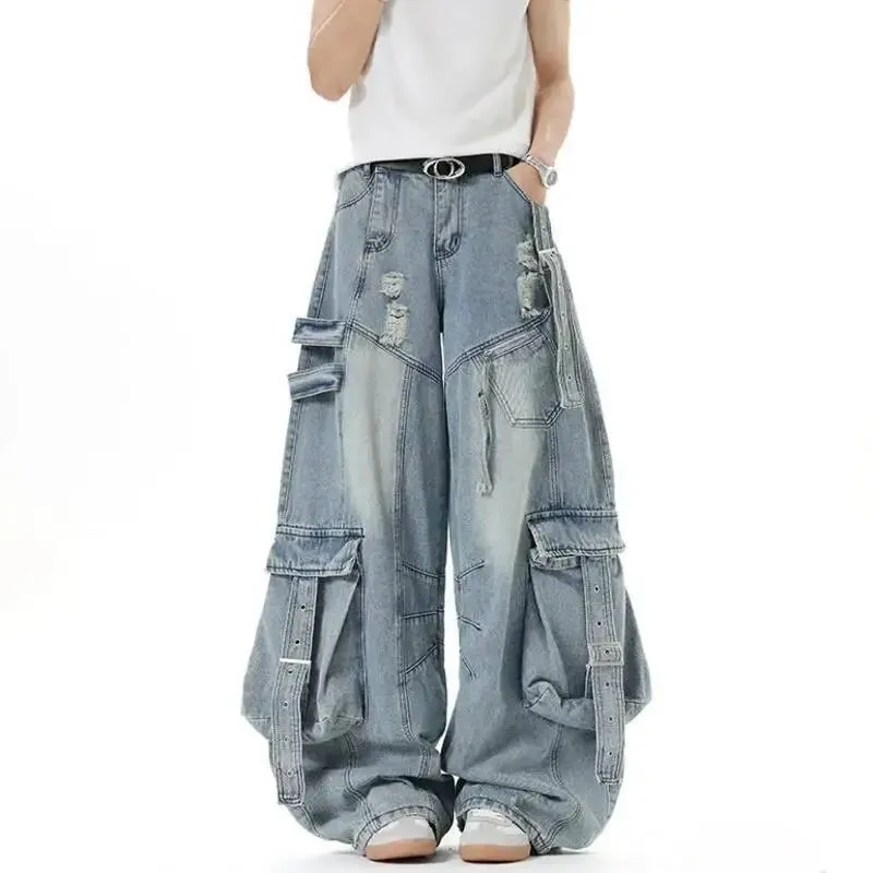 Amerikanische Herrenjeans, einfarbig, mit mehreren Taschen, lässige, abgenutzte Hosen, Dekonstruktion, weites Bein, Denim-Hosen 9W4066