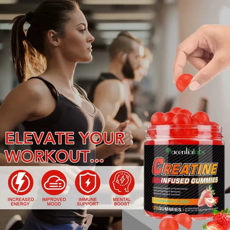 Creatine Monohydrate Gummies 5000mg untuk Pemulihan Kekuatan Otot & Meningkatkan Tenaga Pra-Senaman Strawberi Vegan Tanpa Gula 120 Ct — image 5