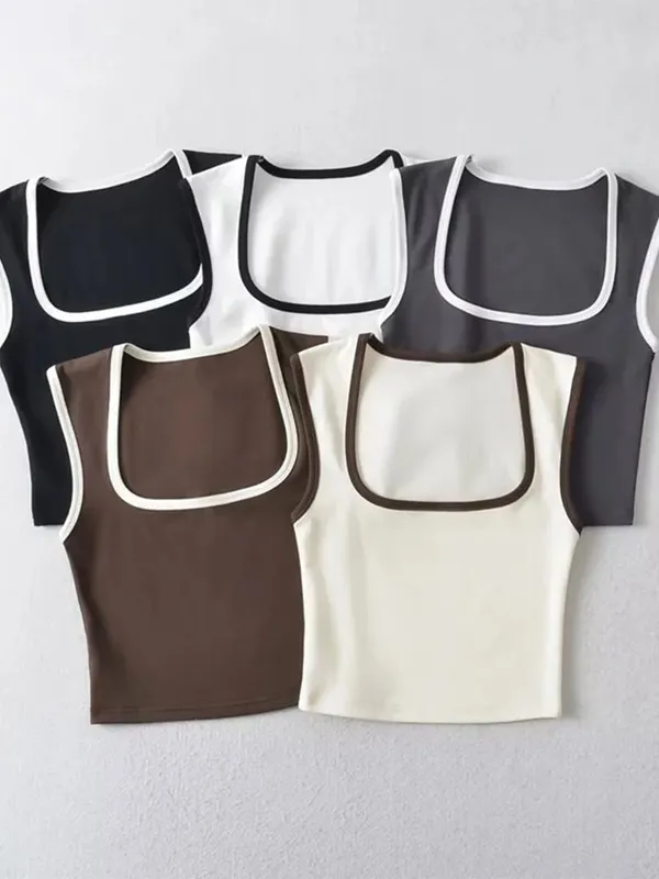 Woman Fashion Slim Solid Contrust Camis Casual Sleeveless Tanks Square Collar Crop Tops Clothing Streetwear Mujer 2024 Y2k — image 1